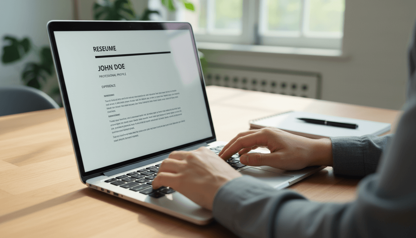 Job seeker reviewing professional resume at desk